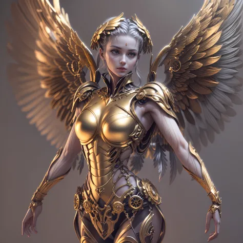 Mechanical style,Gold Theme,(1 mechanical female angel,anatomically correct,full body, arms behind back,golden wings,standing,circular base),Black and white background, (3D render,Best quality, Detailed details, Masterpiece, offcial art, movie light effect...