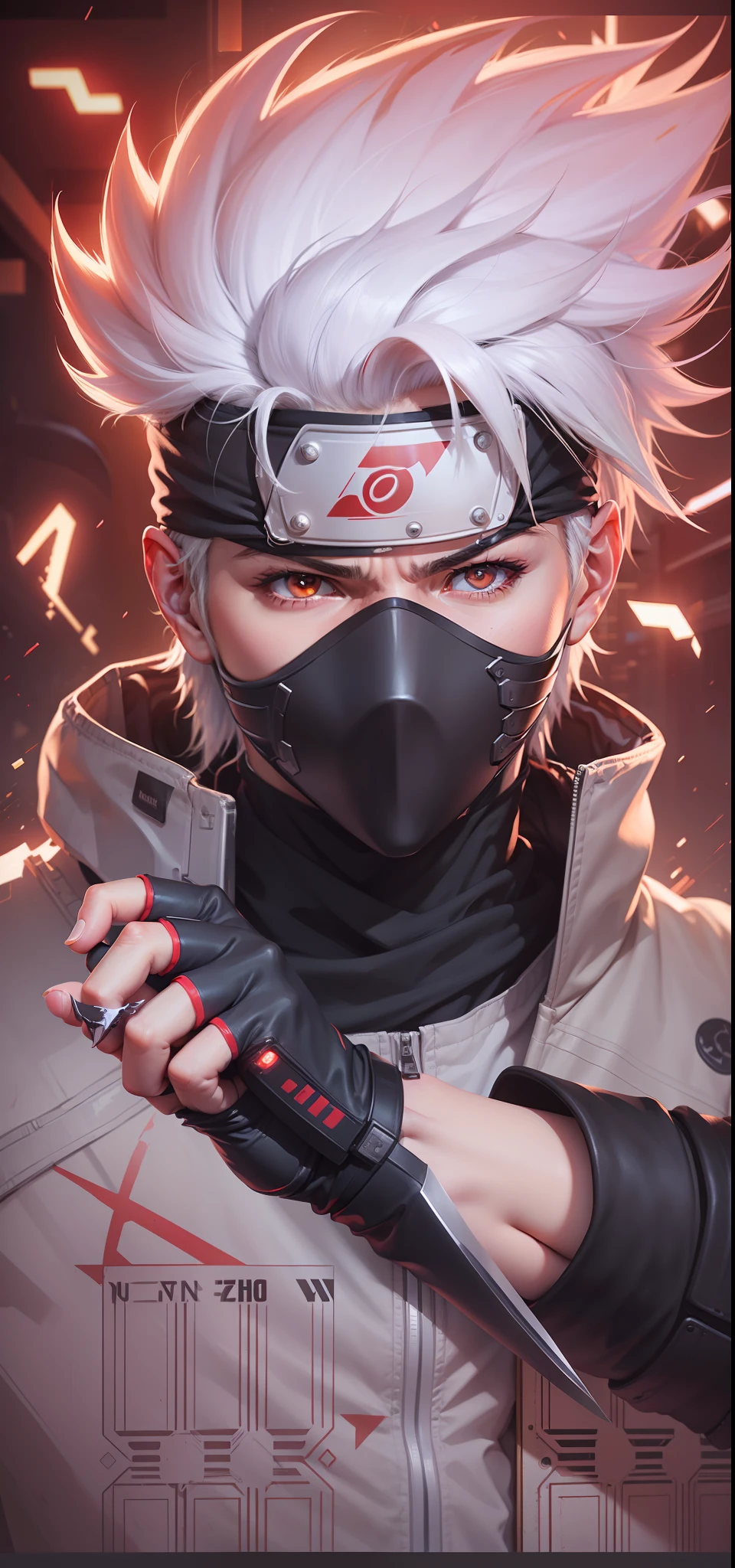 A futuristic ninja with white hair, A cut on left eyes, red eyes, with  masker,holding Knife - SeaArt AI