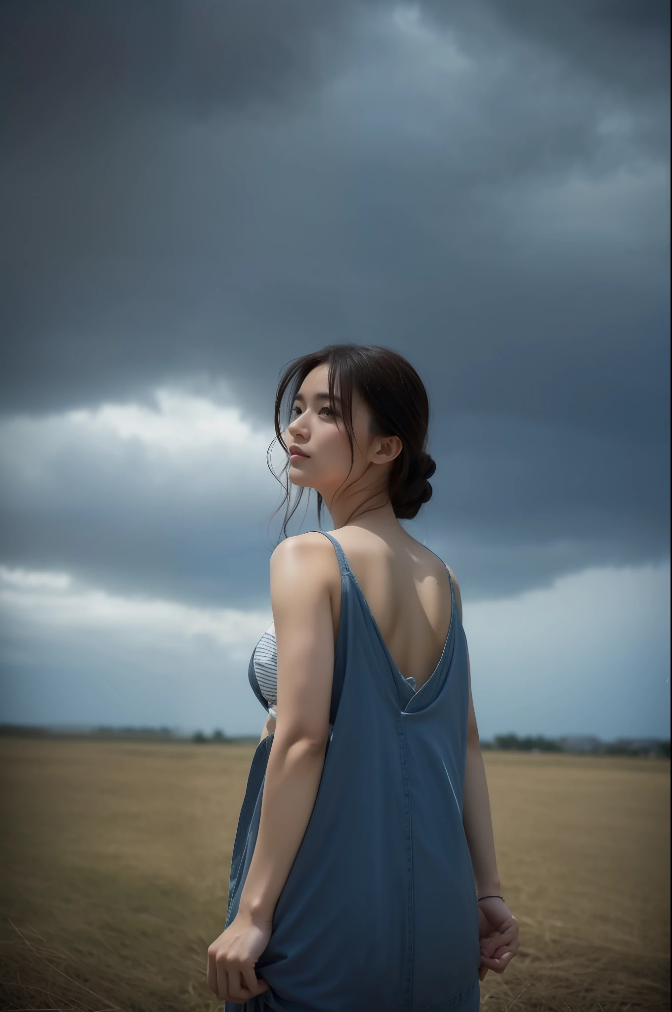 1girl in,Very beautiful 30 year old Japan woman、beautidful eyes、cleavage of the breast、the wind、cloudy ash sky、It's raining a little、Body like a model、The shirt、T back、open one's legs、high-level image quality、Top image quality、Looking at the camera、Focus on the eyes、uninhabited island、