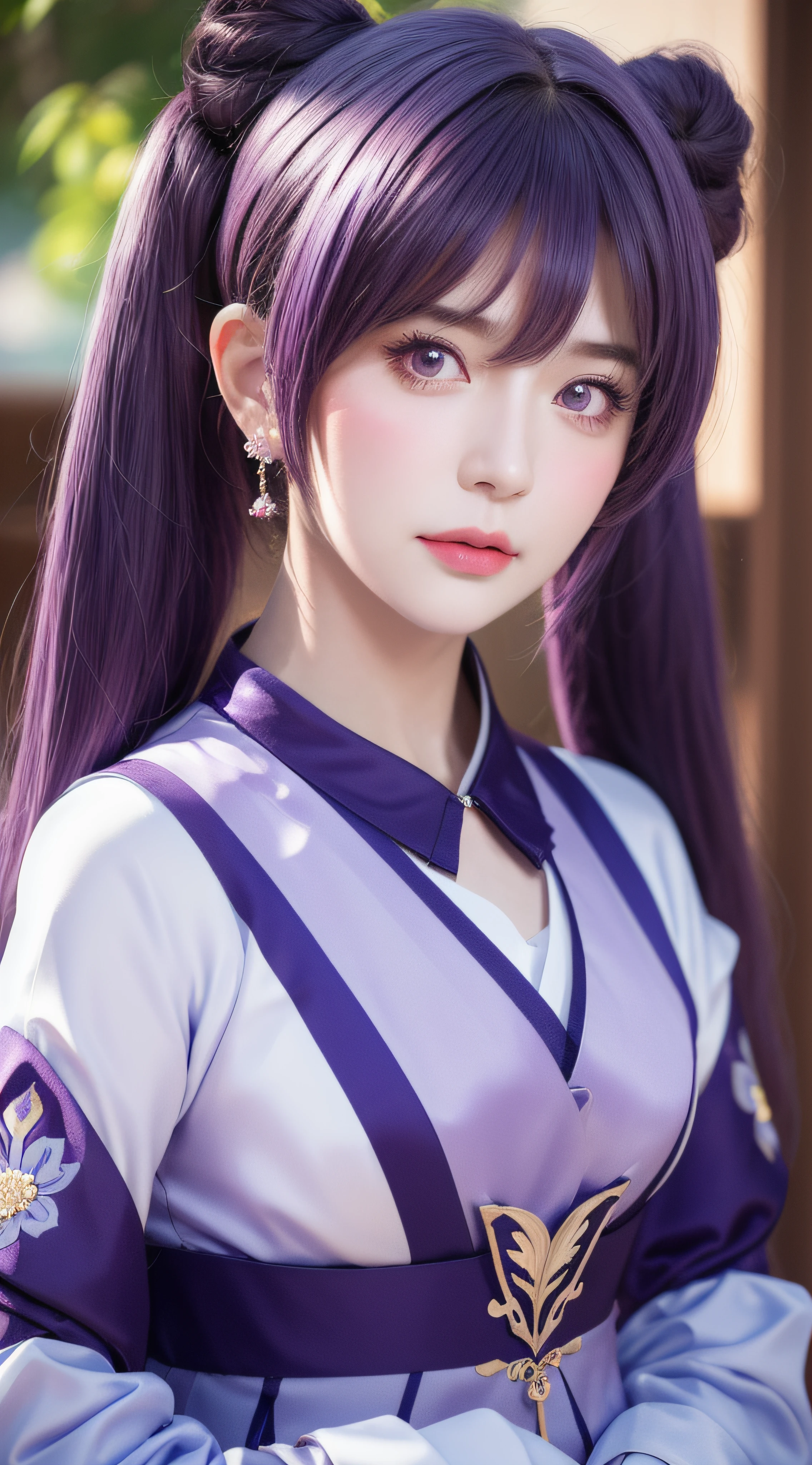 masterpiece, best quality, detailed, depth of field, ultra realistic, photorealistic, realistic face and eyes, realistic skin texture, cinematic lighting, ulzzang-6500,
 1girl, frown, keqing_\(genshin_impact\), purple_eyes, twintails, sharp eyes, cool face, filmg