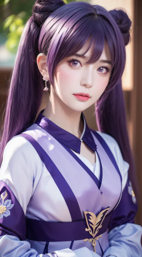 masterpiece, best quality, detailed, depth of field, ultra realistic, photorealistic, realistic face and eyes, realistic skin texture, cinematic lighting, ulzzang-6500,
 1girl, frown, keqing_\(genshin_impact\), purple_eyes, twintails, sharp eyes, cool face...