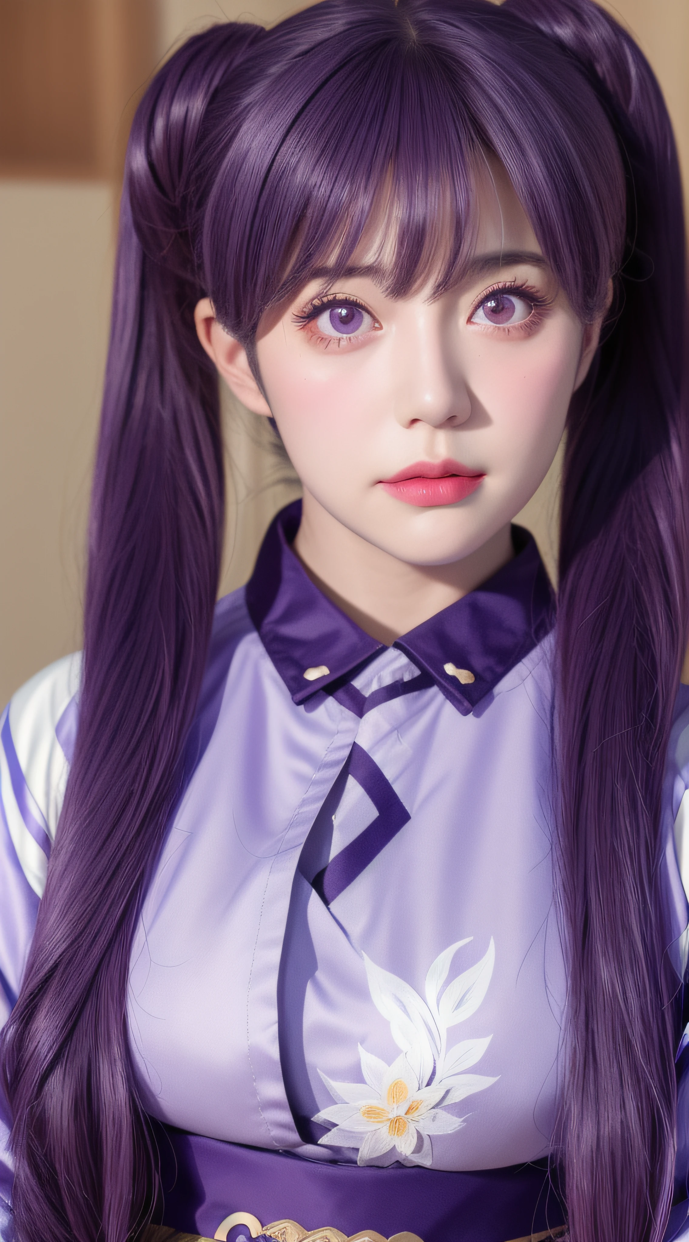 masterpiece, best quality, detailed, depth of field, ultra realistic, photorealistic, realistic face and eyes, realistic skin texture, cinematic lighting, ulzzang-6500,
 1girl, frown, keqing_\(genshin_impact\), purple_eyes, twintails, sharp eyes, cool face, filmg