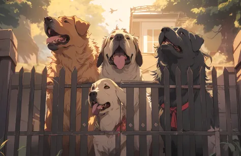 Three dogs sit behind the fence with their mouths open, Kawasi, Today's featured anime stills, by Yang J, Dogs, Guviz, Ross Tran...