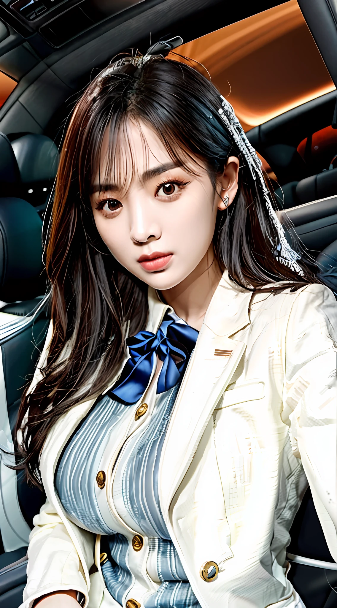 Uma mulher Arakfi em um carro, vestindo uma jaqueta azul e camisa branca., Ulzzangs, Jaeyeon Nam, sakimichan, uniforme de marinheiro com gola solta, lalisa manobal, seifuku, tzuyu de duas vezes, Yoshitomo Nara, hwang se-on, filmado em Canon EOS R 6