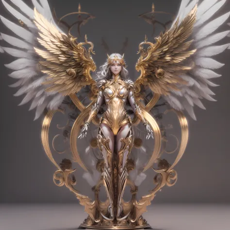 Mechanical style,Gold Theme,(1 mechanical female angel,anatomically correct,full body, （arms behind back:1.2）,golden wings,standing,circular base),Black and white background, (3D render,Best quality, Detailed details, Masterpiece, offcial art, movie light ...