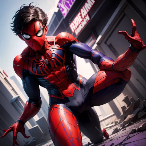 Make a spider-man with the purple colors on his legs with black strokes and the red and blue chest and head with the hand with the black color --auto