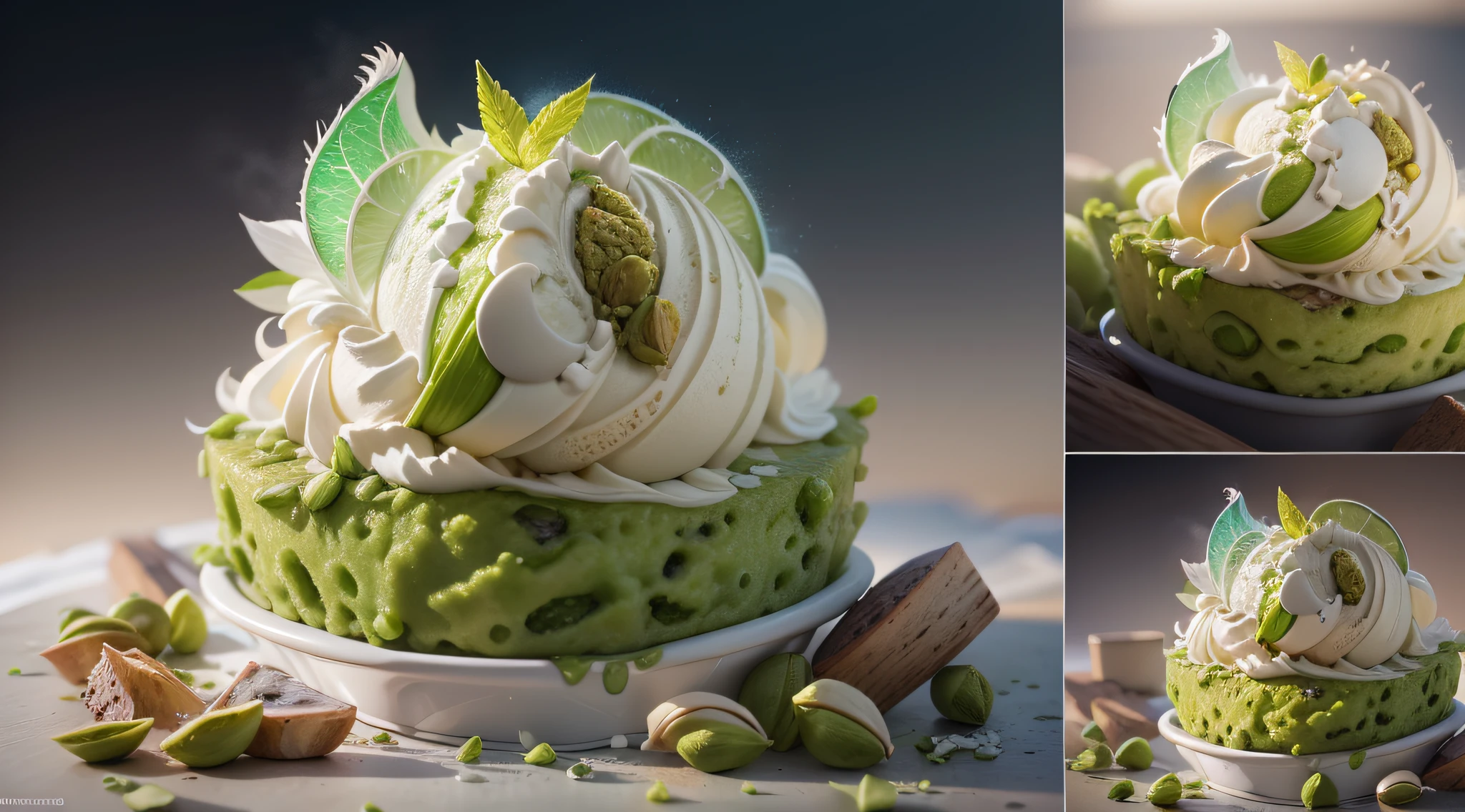 Vanilla and pistachio ice cream, Cinematic, hyper - detailed, insane details, beautifully color graded, Unreal Engine, DOF, super - resolution, megapixel, cinematic lightning, anti - aliasing, FKAA, TXAA, RTX, SSAO, post processing, post - production, tone mapping, CGI, VFX, SFX, insanely detailed and complex, hyper maximalist, hyper realistic, volumetric, photorealistic, ultra photorealistic, ultra detailed, intricate detail, 8K, super detailed, full color, volumetric lightning, HDR, realistic, Unreal Engine, 16K, fine tuning