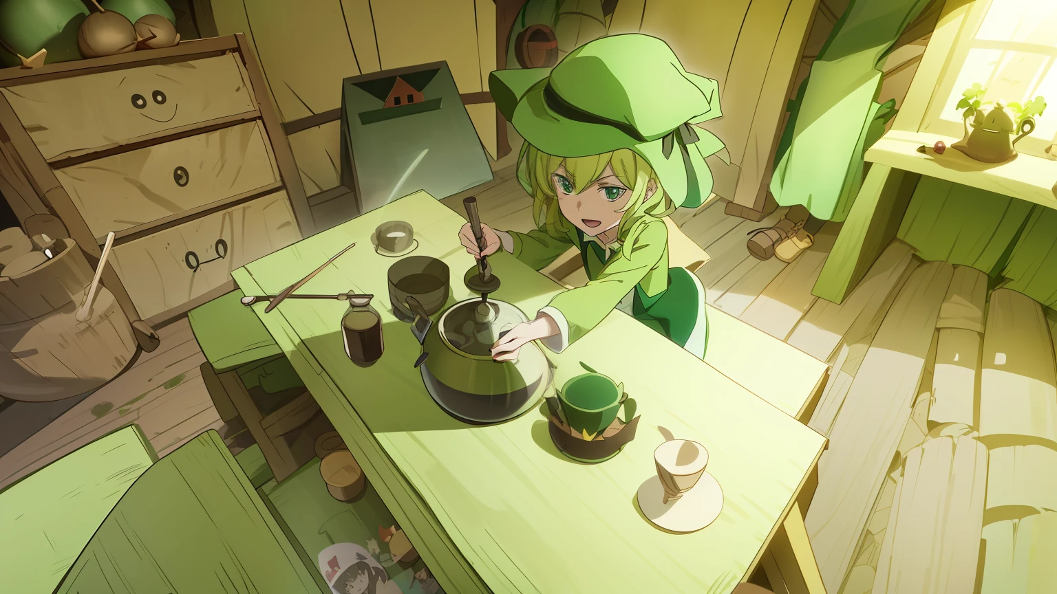 There is a caricature of a woman in a green hat and a green shirt, making a potion, brewing potion in witch hut, drawn in anime painter studio, she is in the potions workshop, 2 d illustration, 2D illustration, made with anime painter studio, 2 d render,, Stylized anime,