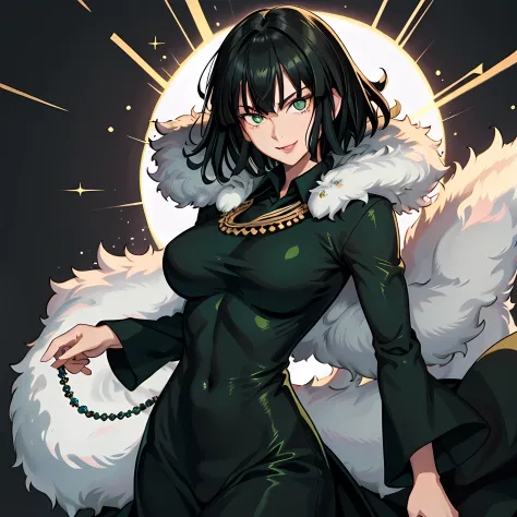 Fubuki\(one punch man\),1girl in,Solo, Large breasts, Green eyes, Black hair,Portrait, taut clothes, Green dress, Fur trim, Fur ...