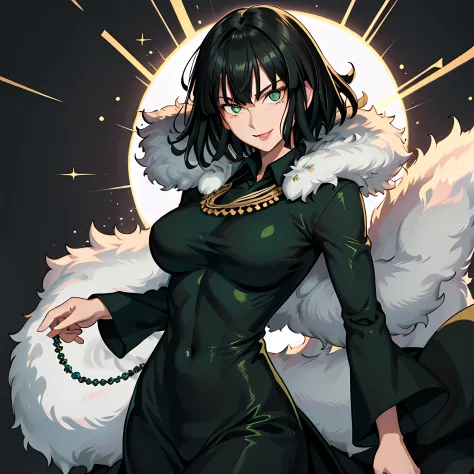 fubuki\(one punch man\),1girl in,solo, large breasts, green eyes, black hair,portrait, taut clothes, green dress, fur trim, fur ...