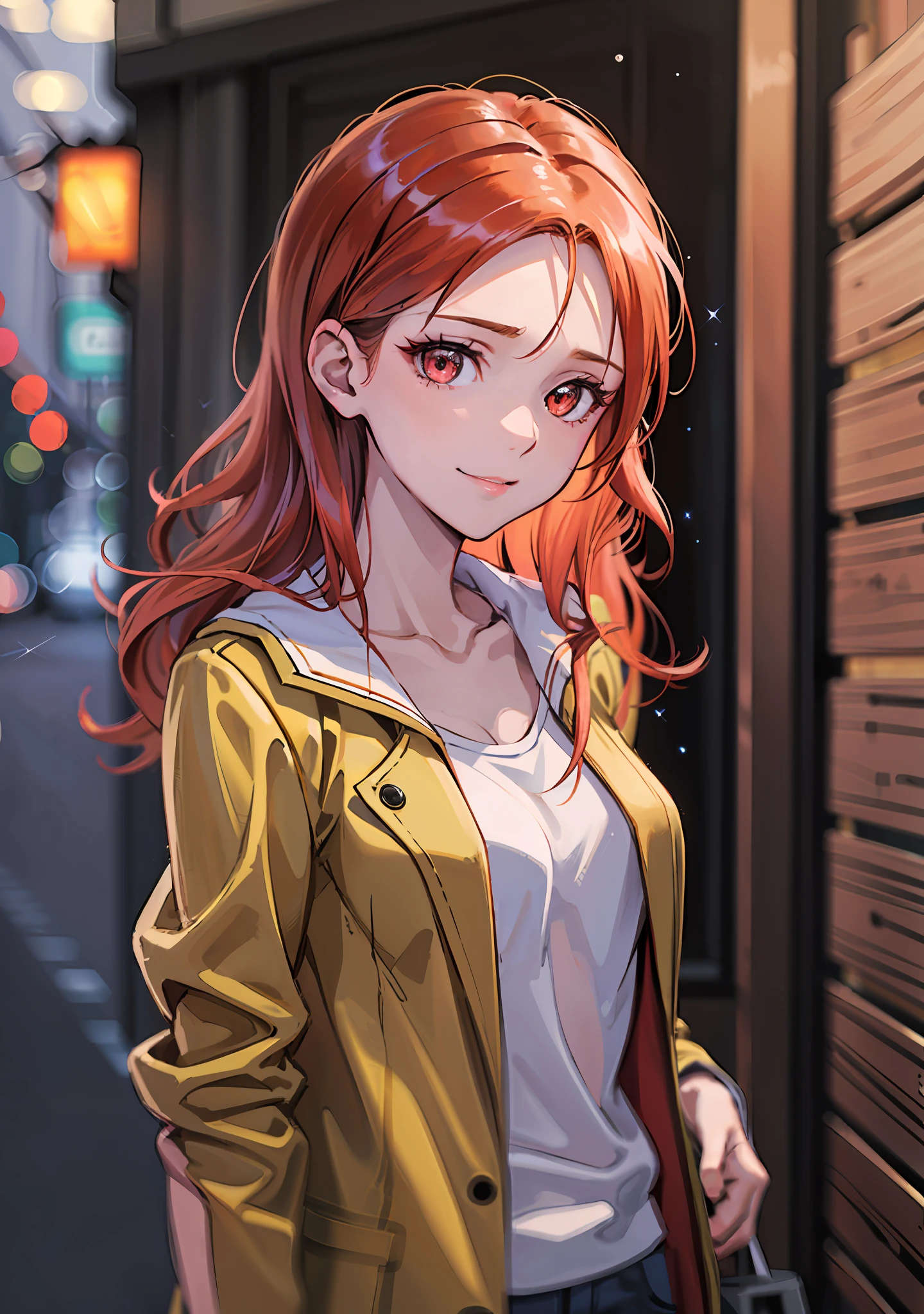 (highres, best quality:1.2), 1girl, Shaft artstyle, 1girl, sparkling eyes, radiance, soft contours, beautiful drawing, upper body, concept art, neon light, eyelashes, red hair, minna dietlinde wilke, red eyes, casual wear, gentle smile, jacket, jeans,