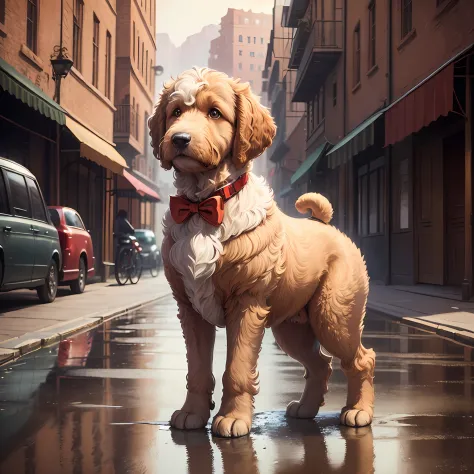 ((masterpiece)),((best quality)),((high detial)),((realistic,))golden doodle puppy with red bow tie
Industrial age city, deep canyons in the middle, architectural streets, bazaars, Bridges, rainy days, steampunk, European architecture --auto