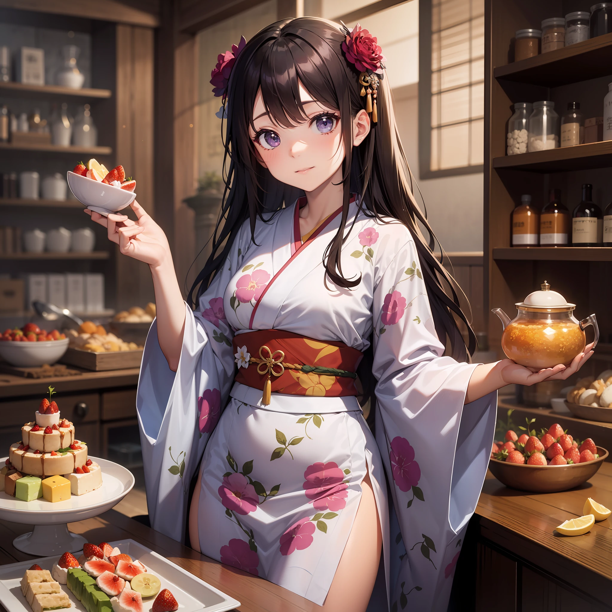 Top image quality　Original Characters、cosmopolitan beauty、Volume Lighting、Purple Straight Long Hair、wagashi、Jinping 、Summer kimono with strawberry pattern
