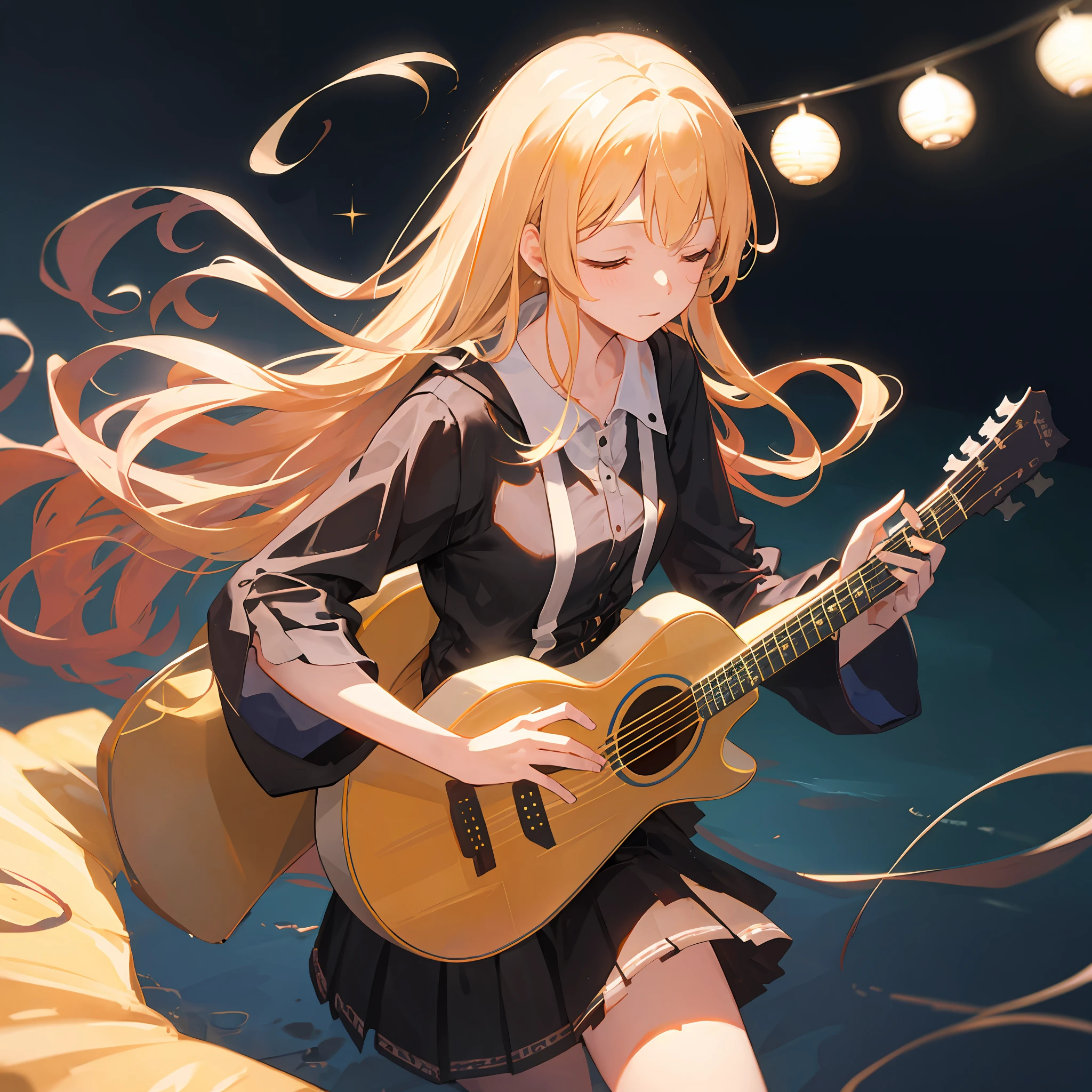 Anime girl with guitar in the night - SeaArt AI