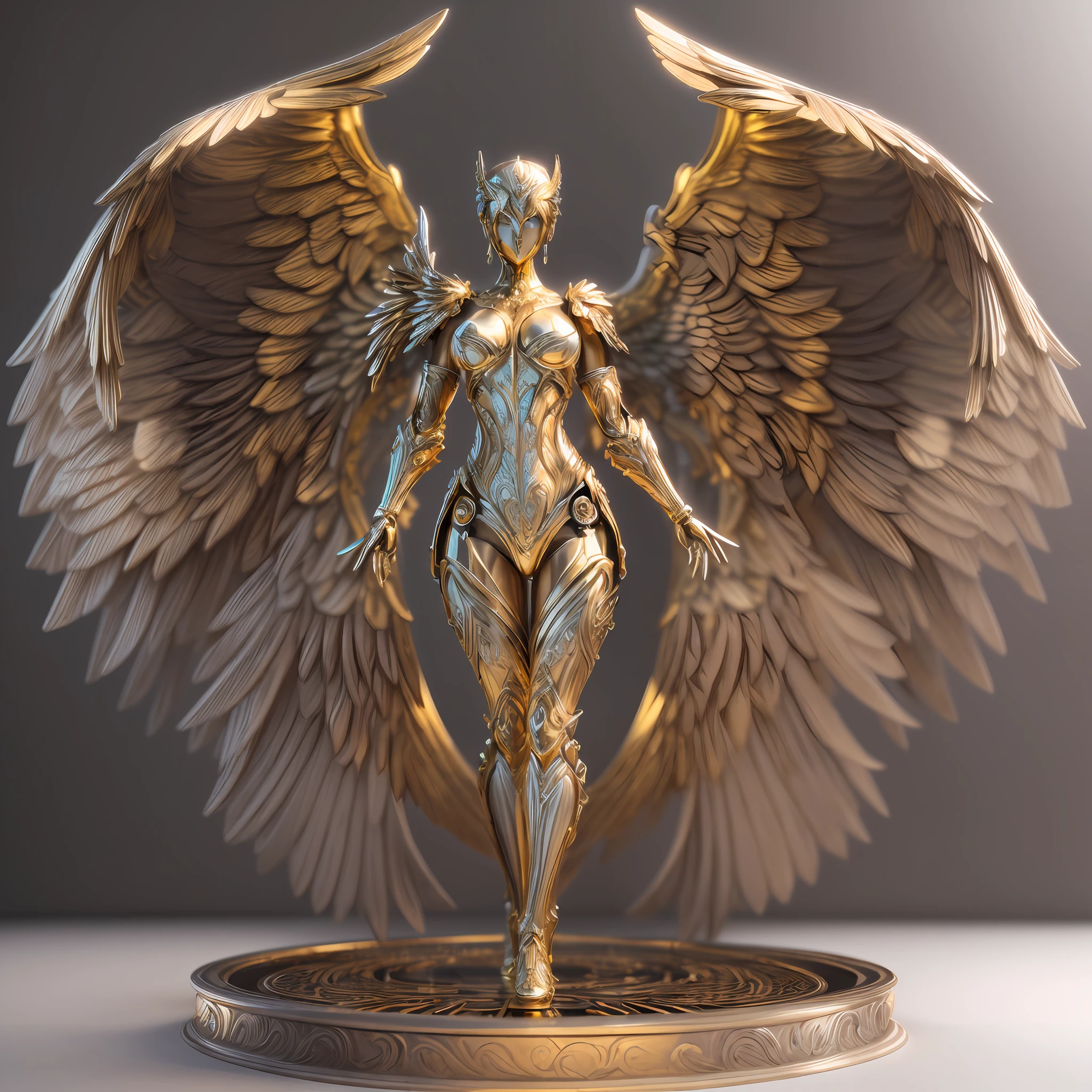 Mechanical style,Gold Theme,(1 mechanical female angel,anatomically correct,full body, golden wings,standing,circular base),Black and white background, (3D render,Best quality, Detailed details, Masterpiece, offcial art, movie light effect, 4K, Chiaroscuro)