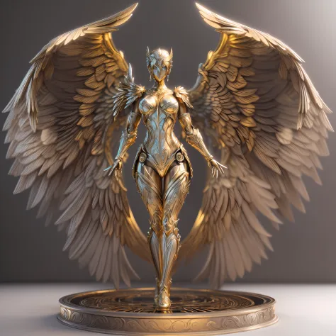 Mechanical style,Gold Theme,(1 mechanical female angel,anatomically correct,full body, golden wings,standing,circular base),Black and white background, (3D render,Best quality, Detailed details, Masterpiece, offcial art, movie light effect, 4K, Chiaroscuro...