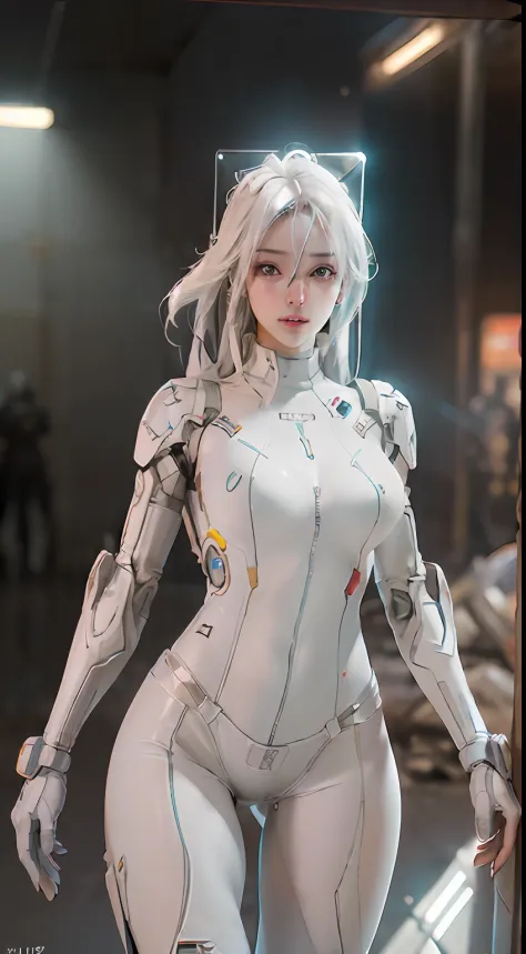((best quality)), ((masterpiece)), ((realistic)), (detailed), (photorealistic:1.5), a futuristic girl, (thick body), (white bodysuit), lights on armor, cybernetic headwear, looking at viewer, dynamic pose, post apocalyptic, destroyed city background, build...