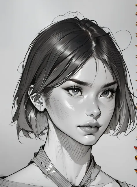 Drawing of a girl with short hair, comic drawing, graphite pencile drawing.