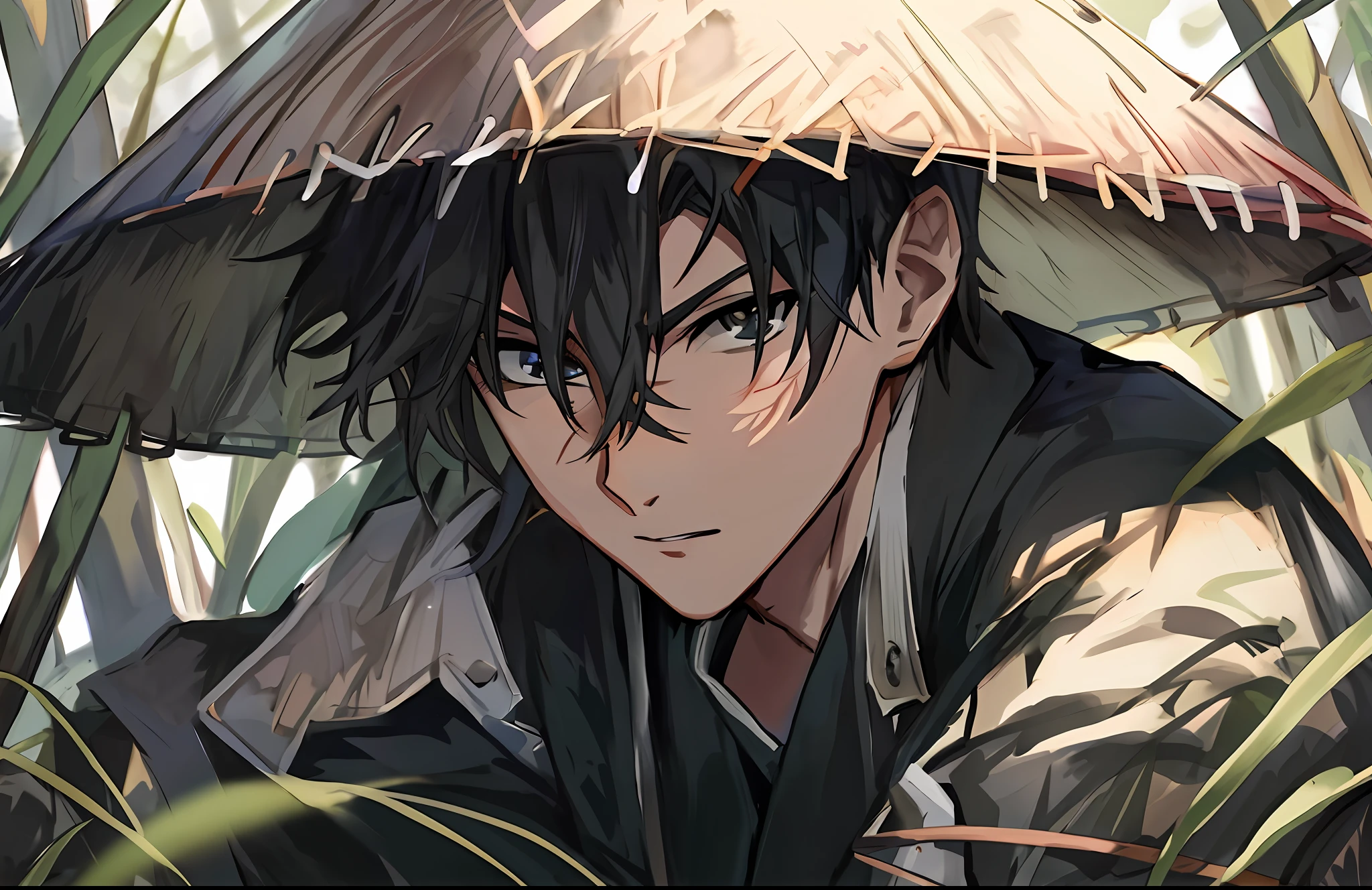 Anime character with a straw hat and black hair sitting in tall grass -  SeaArt AI