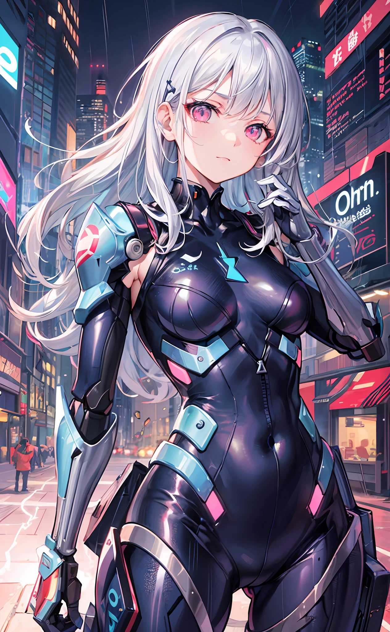 ((masterpiece:1.4, best quality))+, (ultra detailed)+, blue  hair , wolfcut, pink eyes, 
1 girl,cyberpunk city,flat chest,wavy hair,mecha clothes,(robot girl),cool movement,silver bodysuit,colorful background,rainy days,(lightning effect),silver dragon armour,(cold face),cowboy shot,