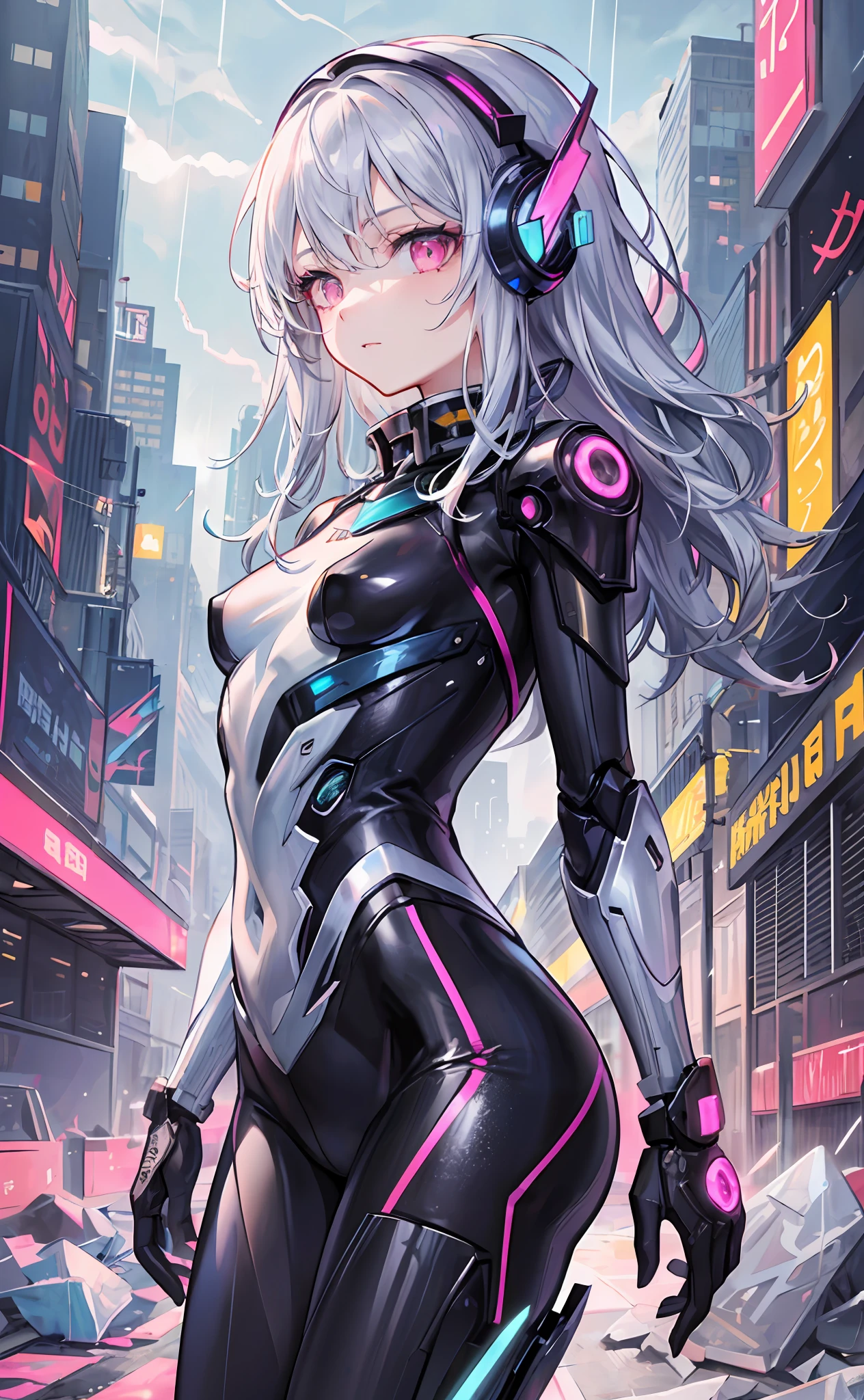 ((masterpiece:1.4, best quality))+, (ultra detailed)+, blue  hair , wolfcut, pink eyes, 
1 girl,cyberpunk city,flat chest,wavy hair,mecha clothes,(robot girl),cool movement,silver bodysuit,colorful background,rainy days,(lightning effect),silver dragon armour,(cold face),cowboy shot,