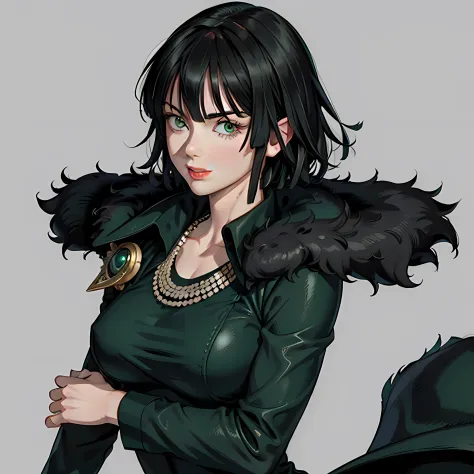 fubuki\(one punch man\),1girl in,solo, large breasts, green eyes, black hair,portrait, taut clothes, green dress, fur trim, fur ...