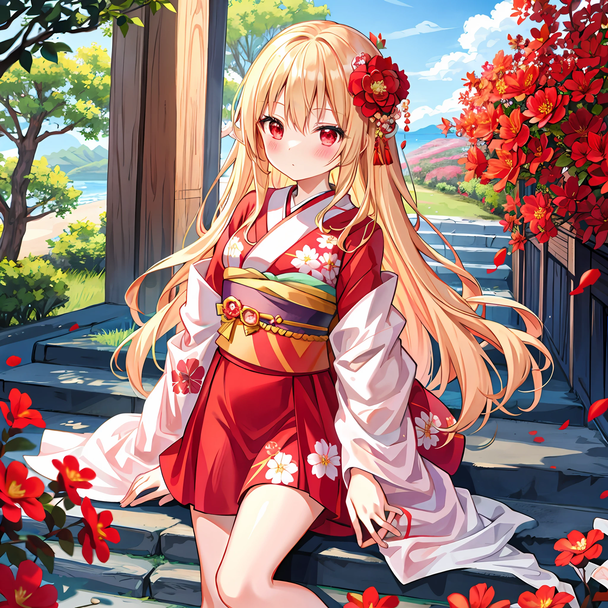 Red Blush、Wavy Blonde Hair、red Eyes、Beautiful Girl Alone、animesque、solo ...