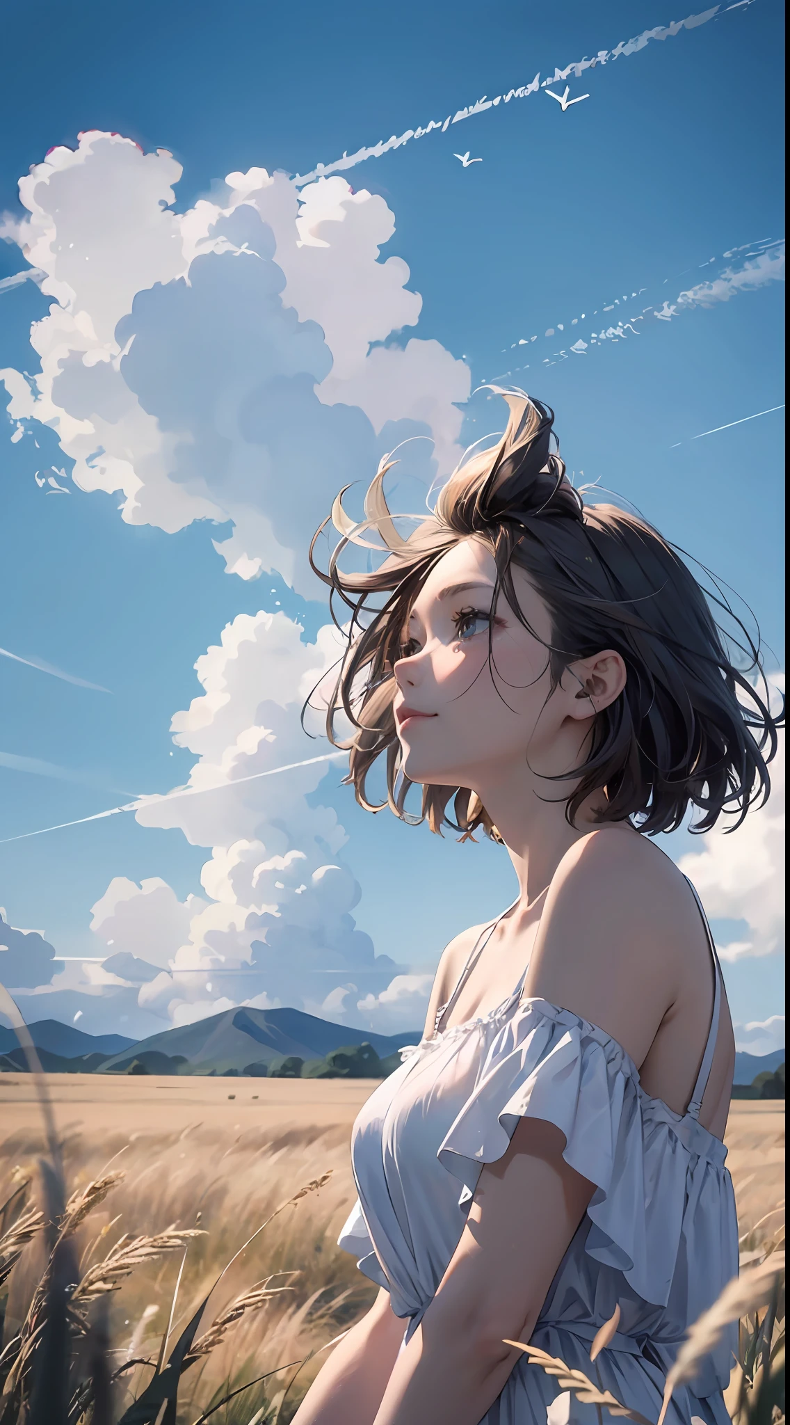 grass field、blue open sky、White cumulonimbus clouds、contrail、glowing sun、Steppe grass swaying in the wind、Photoquality、Live action、Realisticity、Transparency、Realistic depiction、The 8k quality、nffsw、Digital SLR、hightquality、film grains、FujifilmXT3、Girl in white camisole dress、Standing posture、bare-legged、Hair swaying in the wind、Hair to the shoulders、Colossal 、Big eyeedium bob、A slight smil、