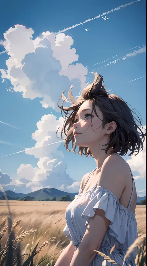 grass field、blue open sky、White cumulonimbus clouds、contrail、glowing sun、Steppe grass swaying in the wind、Photoquality、Live action、Realisticity、Transparency、Realistic depiction、The 8k quality、nffsw、Digital SLR、hightquality、film grains、FujifilmXT3、Girl in w...