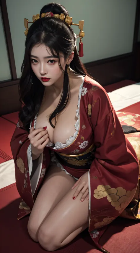 (Top image quality、8k、masuter piece:1.3))、(Realistic:1.2)、(1girl in)、20yr old、huge tit、darkened room、(closing eye)、(night:1.2)、(Are sleeping)、(Deities々Bright luxury kimono:1.2)、(all-fours:1.2)、(geisha hair:1.2)、long kimono、(Oiran:1.3)、Delicat eyes、二重まぶた、(V...