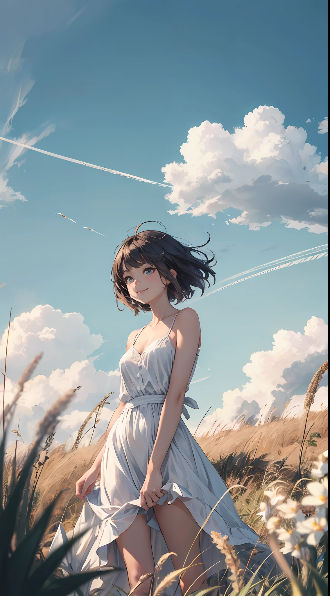 grass field、blue open sky、White cumulonimbus clouds、contrail、glowing sun、Steppe grass swaying in the wind、Photoquality、Live action、Realisticity、Transparency、Realistic depiction、The 8k quality、nffsw、Digital SLR、hightquality、film grains、FujifilmXT3、Girl in white camisole dress、Standing posture、bare-legged、Hair swaying in the wind、Hair to the shoulders、Colossal tits、Big eyes、Medium bob、a smile