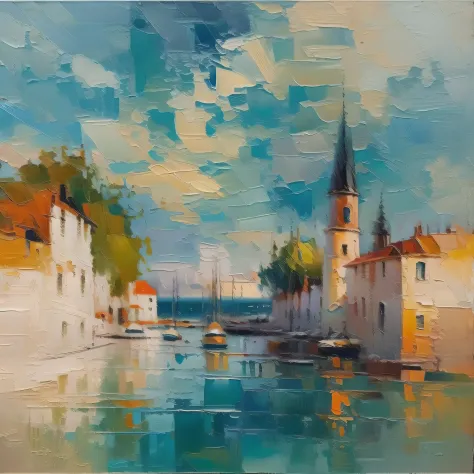 oil painted，best qualtiy，4K, european town，The road to the river，Beautiful ocean