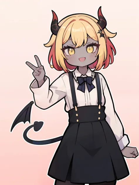 a cartoon girl dressed as a devil makes a gesture to the world, 1girl, solo, yellow skin, colored skin, shirt, smile, skirt, black skirt, white shirt, suspenders