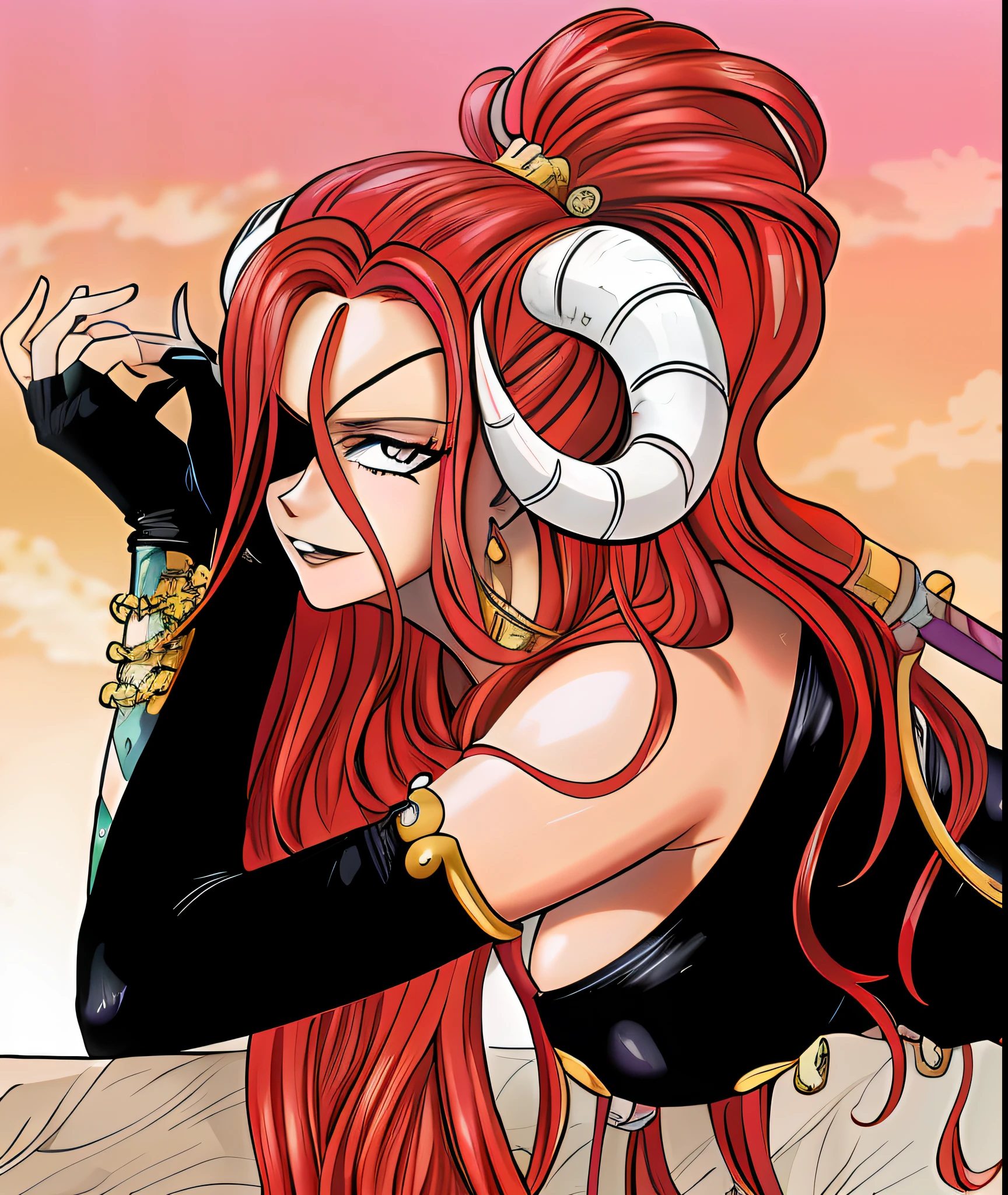 A closeup of a woman with red hair and horns on her head, white horns queen demon, Retrato de Hisoka Hunter Hunter, Erza Scarlet como uma pessoa real, colored manga art, from one piece, nami one piece, suas muitas cobras como cabelo;, lineart colorido, striking manga artstyle, Jovem Rainha Jezabel, coloured manga scan --auto