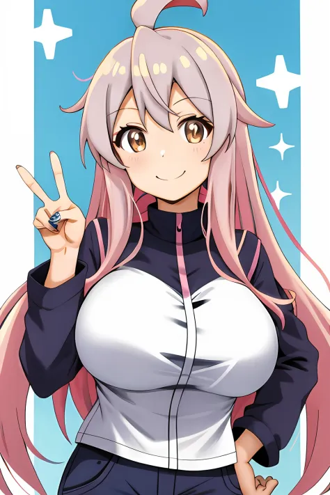 Anime Pink Hair Smile Big Tits Peace Sign