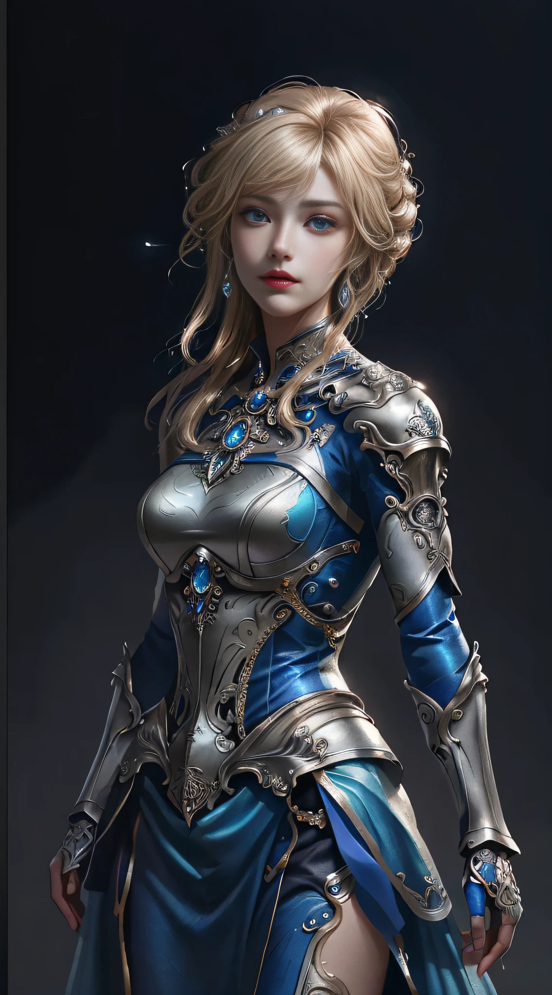 Close-up of a woman in a silver and blue-gold dress, detailed fantasy art, Stunning character art, Fanart Meilleure ArtStation, epic exquisite  character art, Beautiful armor, Extremely detailed Artgerm, Detailed digital anime art, Armor Girl，One has 8k blonde hair，Portrait of a beautiful cyborg，iintricate、ellegance、Exquisite detailajestic、Digital photography、surrealism painting、Filigree-embellished tulle surrounds the figures，（tmasterpiece，Sideslit，Delicate and beautiful eyes：1.2），Highest image quality