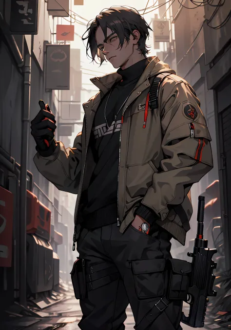 ultra detail, high resolution, ultra detailed, best quality, amazing, top quality, extremely detailed CG unity 8k wallpaper, cinematic lighting, cat fanboy, cyberpunk, dark boy, Short hair to the nape, centre parting hair, Hands in pants pockets, gun, gun ...