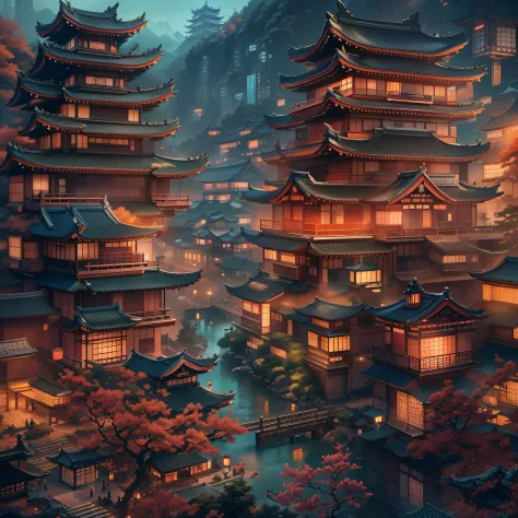 Asian architecture in the city Asian architecture in the city at night，Ships pass by， dreamy Chinese towns， Chinese Ancient Architecture， Japan city， Colorful fox city， digital painting of a pagoda， japanese city at night， cyberpunk chinese ancient castle，...