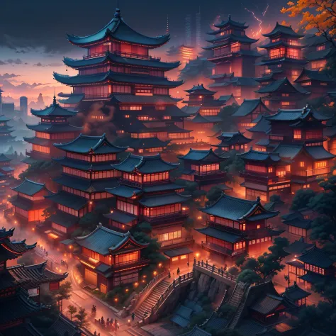 Asian architecture in the city Asian architecture in the city at night，Ships pass by， dreamy Chinese towns， Chinese Ancient Architecture， Japan city， Colorful fox city， digital painting of a pagoda， japanese city at night， cyberpunk chinese ancient castle，...
