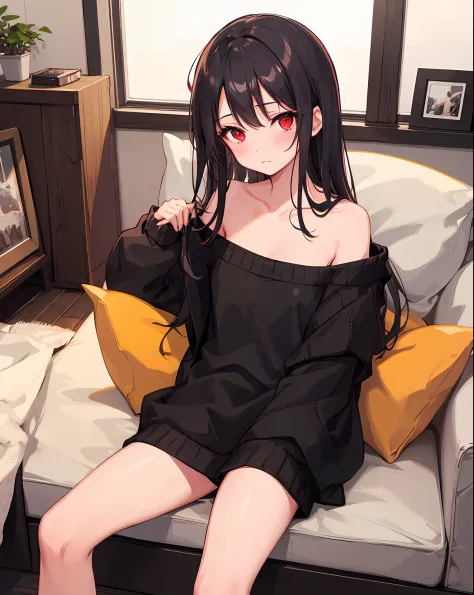 1girl, breasts, red_eyes, long_hair, long_hair, solo, blush, looking_at_viewer, collarbone, naked sweater,sitting,indoors,