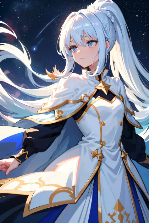 White hair, Blue eyes, High ponytail, Cape,Redhead gradient,{{Best quality}}, {{Masterpiece}}, {{Ultra-detailed}}, {illustration}, {Detailed light}, {An extremely delicate and beautiful}, A girl, {Beautiful detailed eyes}, Stars in Eyes, Messy floating hai...