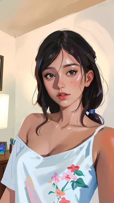 Retrato de uma mulher com sardas e uma camisa preta, Pintura digital realista, retrato bonito detalhado, Realistic portrait, pin...