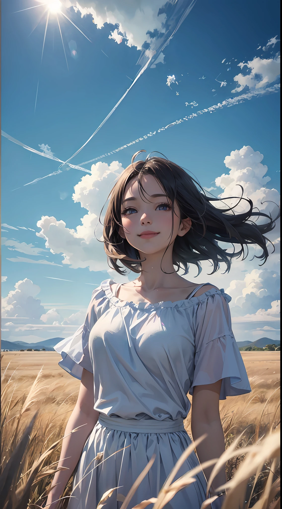 grass field、blue open sky、White cumulonimbus clouds、contrail、glowing sun、Steppe grass swaying in the wind、Photoquality、Live action、Realisticity、Transparency、Realistic depiction、The 8k quality、nffsw、Digital SLR、hightquality、film grains、FujifilmXT3、Girl in white camisole dress、Standing posture、bare-legged、Hair swaying in the wind、Hair to the shoulders、Colossal tits、Big eyes、Medium bob、a smile、