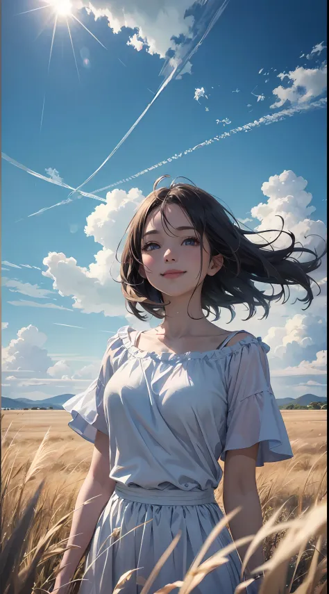 grass field、blue open sky、White cumulonimbus clouds、contrail、glowing sun、Steppe grass swaying in the wind、Photoquality、Live action、Realisticity、Transparency、Realistic depiction、The 8k quality、nffsw、Digital SLR、hightquality、film grains、FujifilmXT3、Girl in w...