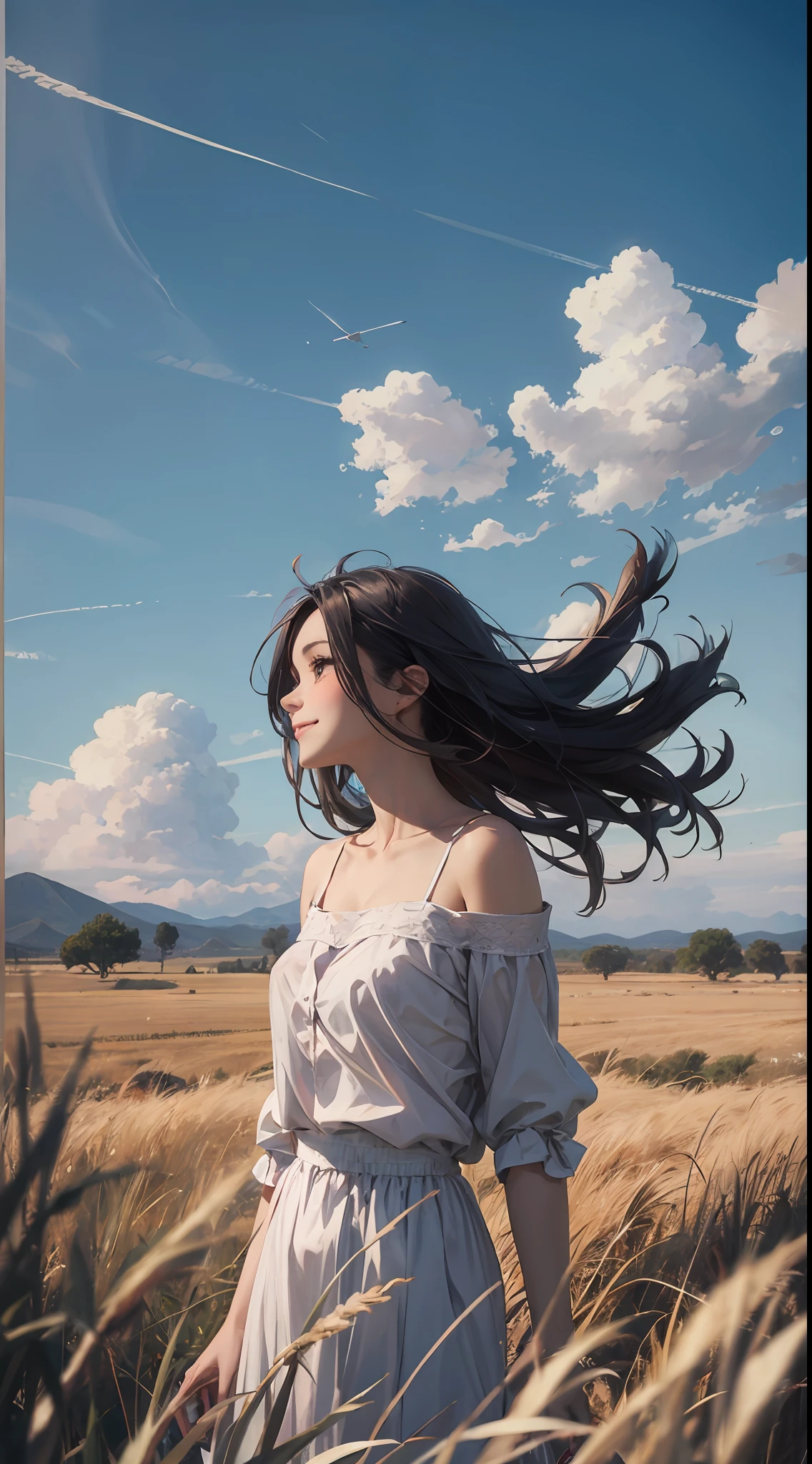 grass field、blue open sky、White cumulonimbus clouds、contrail、glowing sun、Steppe grass swaying in the wind、Photoquality、Live action、Realisticity、Transparency、Realistic depiction、The 8k quality、nffsw、Digital SLR、hightquality、film grains、FujifilmXT3、Girl in white camisole dress、Standing posture、bare-legged、Hair swaying in the wind、Hair to the shoulders、Colossal tits、Big eyes、Medium bob、a smile、