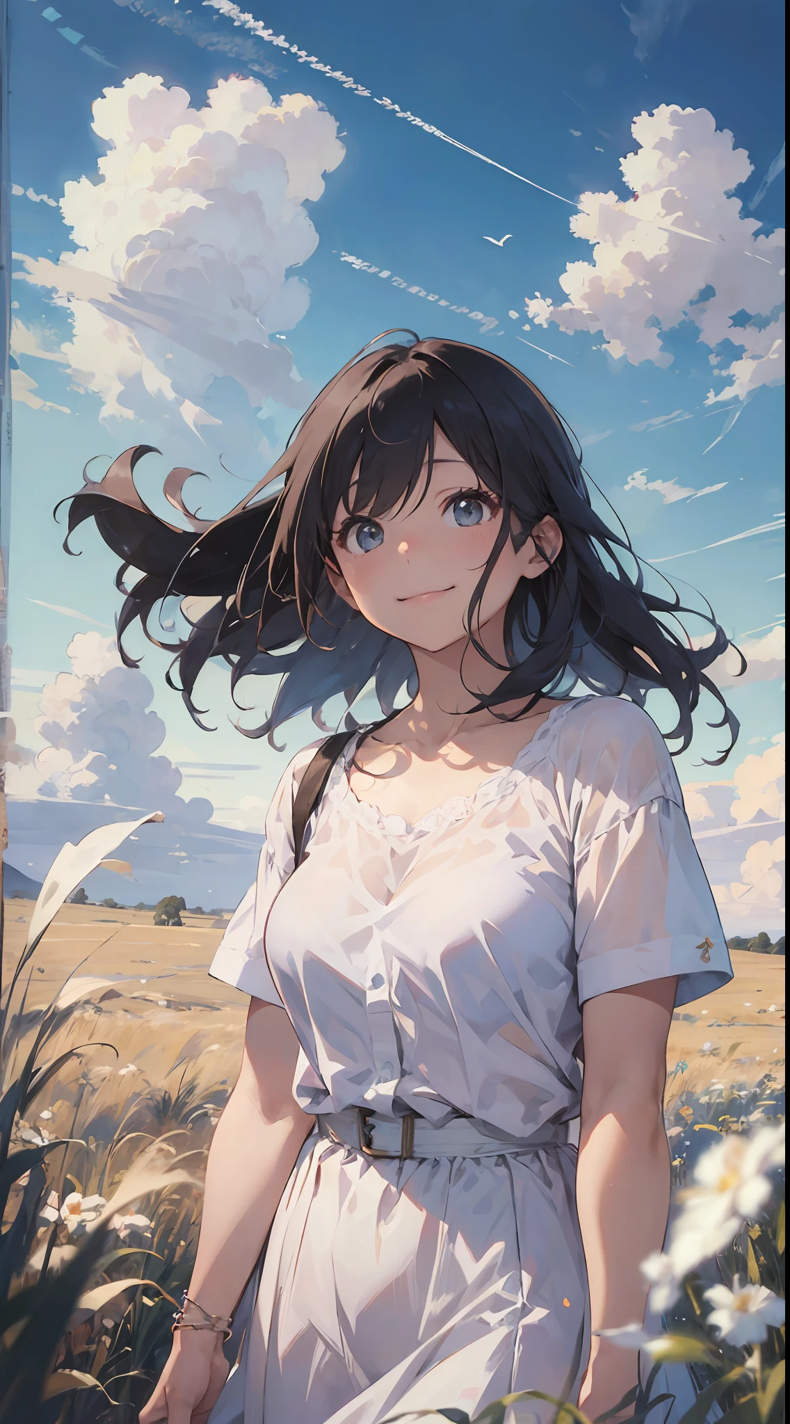 grass field、blue open sky、White cumulonimbus clouds、contrail、glowing sun、Steppe grass swaying in the wind、Photoquality、Live action、Realisticity、Transparency、Realistic depiction、The 8k quality、nffsw、Digital SLR、hightquality、film grains、FujifilmXT3、Girl in white camisole dress、Standing posture、bare-legged、Hair swaying in the wind、Hair to the shoulders、Colossal tits、Big eyes、Medium bob、a smile、