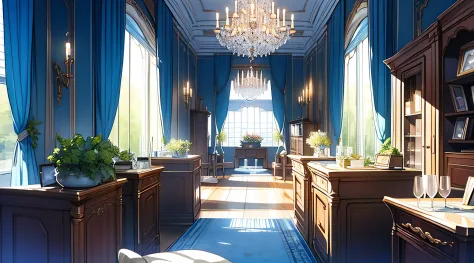 study、bookcase、Large window、drapes、vases、very extremely beautiful、Background with、opulent、inside in room、Blue tones