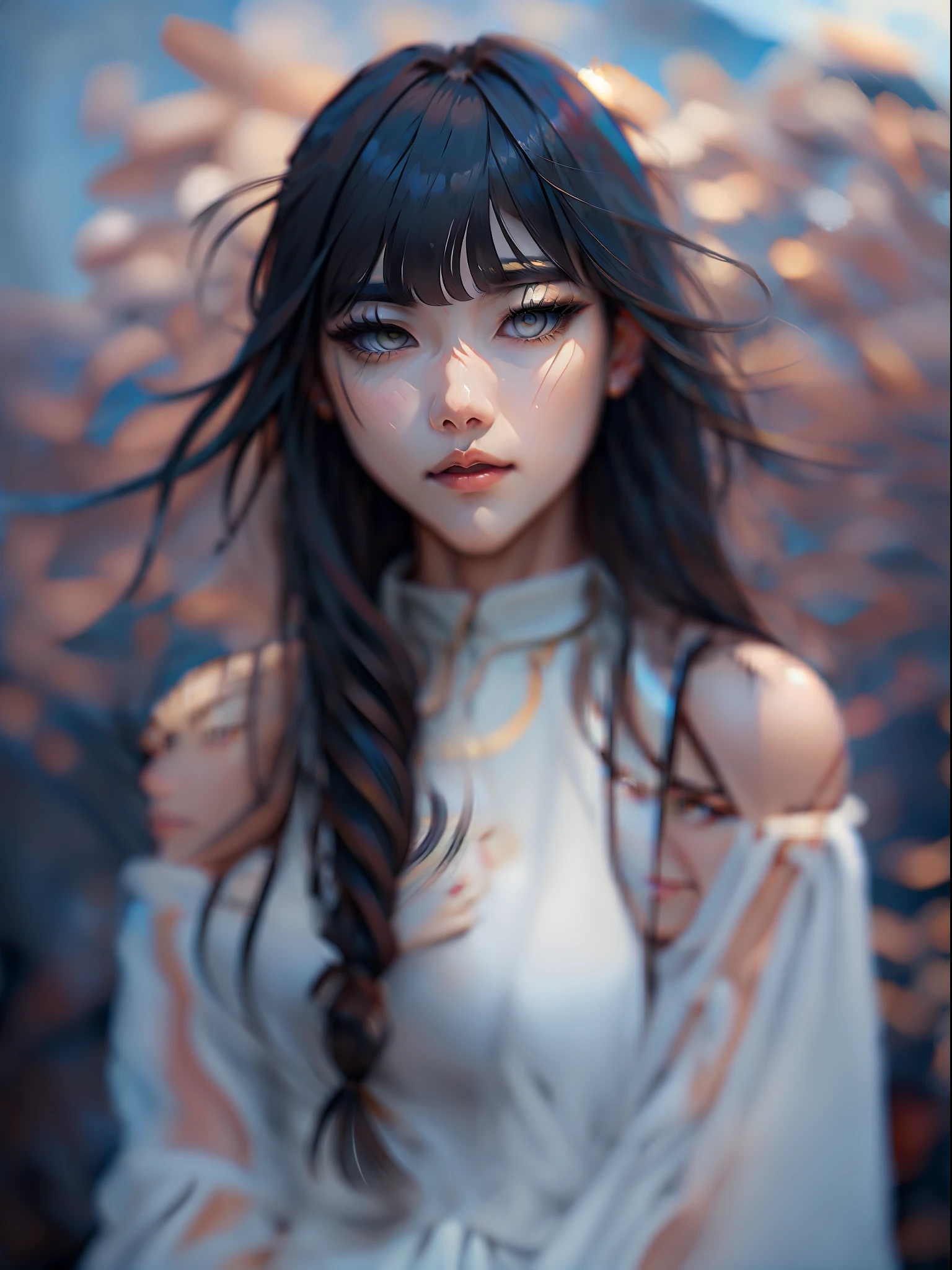 (detailed and realistic portrait of a beautiful goddess with a clean face), (round eyes and long flutters hair shot outside),staring at camera,magical photography, dramatic lighting, photo realism, ultra-detailed,
 intimate portrait composition, (centered image composition),(close up shot:1.6),best quality,f/1. 8, 85mm,
(28years asian woman), black_hair,(black_eyes:1.2),(bangs),makeup,white_dress,
(hazy blue_sky_background)