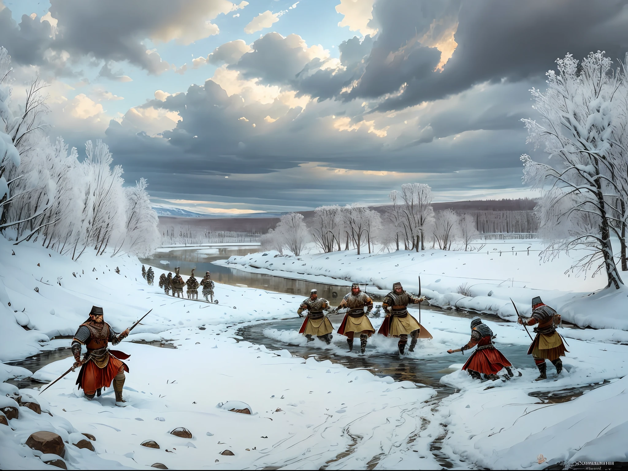 اصنع لوحة زيتية على طراز عصر النهضة المتأخر تصور معركة بين جيشين رومانيين قديمين ذات طابع جرماني على ضفة نهر ثلجية --سيارات