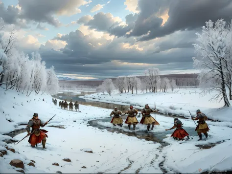 Make a oil painting of the late renaissance style depicting a battle between 2 ancient roman armies of germanic theme on a snowy...